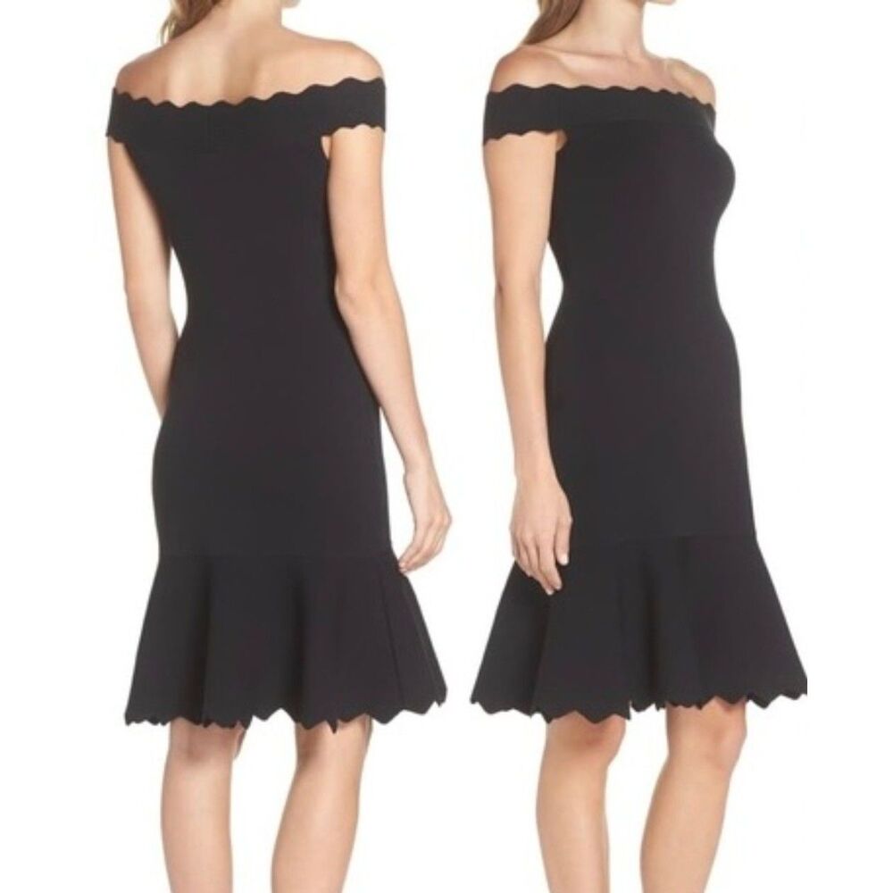 Eliza J Black Rib Sweater Dress L Off Shoulder Scallop Trumpet Knee Midi Knit - Picture 2 of 10